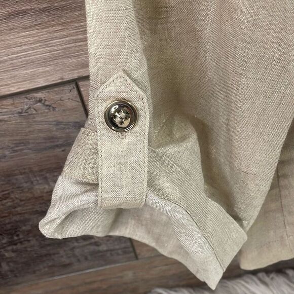 CHICO’S Women’s Gold Metallic Buttonup Linen Tab Sleeves Blouse Sz 1 Petite - Picture 5 of 7